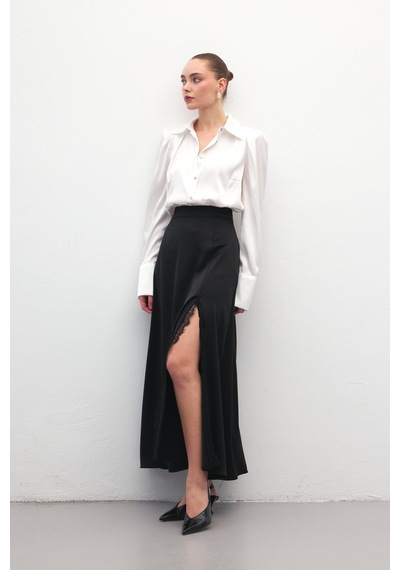 Sateen Dantel Detaylı Saten Etek - Siyah-137170 Siyah