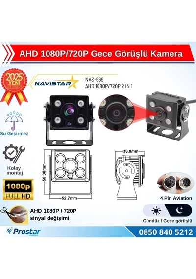Ahd 1080p/720p Orta Boy Gece Görüşlü 4 Pin Soketli Kamyon Tır Otobüs Kamerası