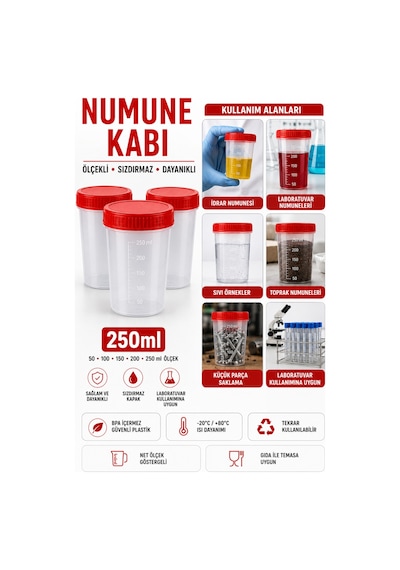Numune Kabı Ölçekli Şeffaf Gövdeli Kırmızı Vidalı Kapaklı 250 Ml 5 Adet
