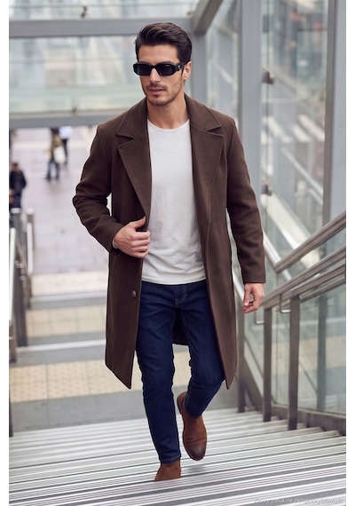 Buratti Loose Fit Kruvaze Yaka Uzun Astarlı Kaşe Kaban Erkek Kaban 681003 Kahve