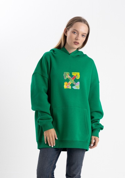 Unisex Ok Baskılı Kapşonlu Sweatshirt Yeşil