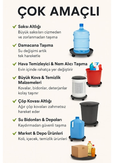 2 Li Set Tekerlekli Saksı Altlığı Bitki, Damacana Ve Hava Difüzörü İçin Çok Amaçlı Taşıyıcı Siyah