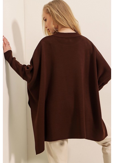 Bigdart 15783 Yırtmaçlı Panço Kazak - Kahverengi 001