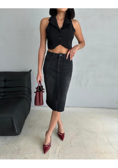 Zeo Basic Yırtmaçlı Midi Boy Likralı Jean Etek Siyah