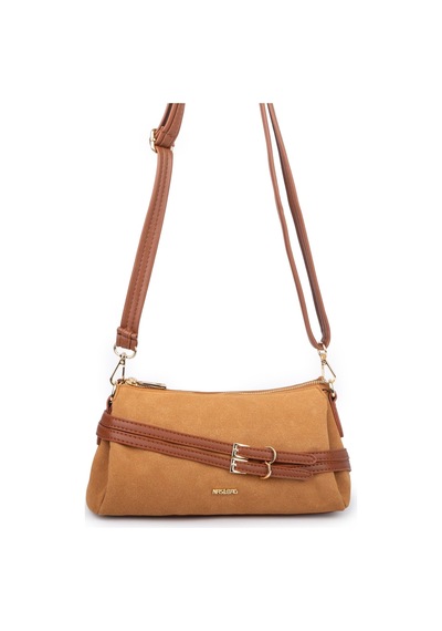 Nas Bag Kadın Üç Bölmeli Orta Boy Çapraz Omuz Çantası Taba Süet Taba - Camel