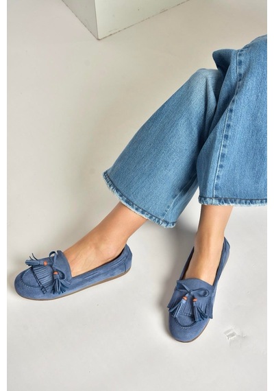Fox Shoes Y996271002 Mavi Süet Püskül Detaylı Kadın Babet Mavi