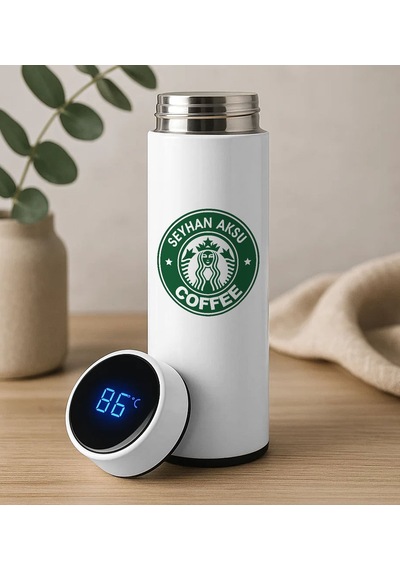 Bk Gift Kişiye Özel İsimli Coffee Tasarımlı Filtreli Dijital Göstergeli Beyaz Çelik Termos-8, Arkadaşa Hediye, Sevgiliye Hediye, Yeni İş Hediyesi