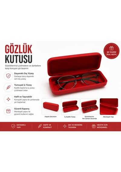 Kırmızı Gözlük Kutusu, Sert Dış Yüzey, Kadife İç Kaplama, Menteşeli Kapanış, Hafif Ve Kompakt Tasarım