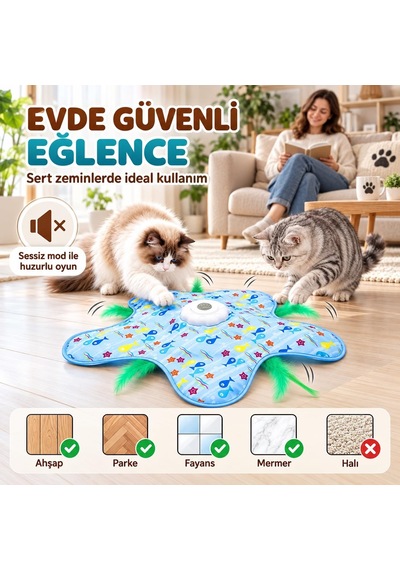 İnteraktif Kedi Oyuncağı - Otomatik Hareketli Tüy, Saklambaç Oyun Matı - 3 Modlu, Dokunmatik Aktivasyonlu, Usb Şarjlı Elektronik Evcil Hayvan Eğlence Oyunu