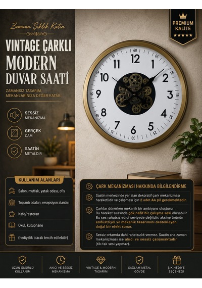 Vintage 60 Cm Çarklı Modern Duvar Saati Eskitme