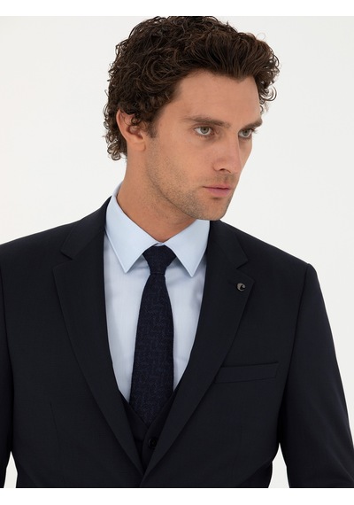 Cacharel Lacivert Slim Fit Yün Karışımlı Yelekli Takım Elbise