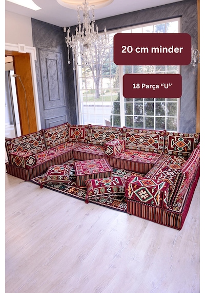 Otantik Şark Köşesi Takımı Bordo Anadolu 18 Parça 20 Cm Süngerli Kilim Ve Puf Dahil Sedir Seti