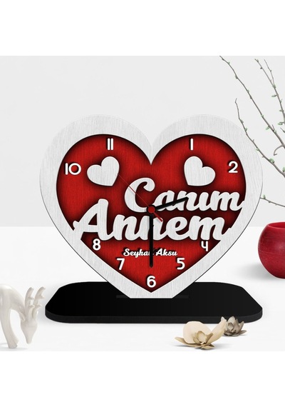 Kişiye Özel Dekoratif Canım Annem Kalp Ahşap Masaüstü Saat - 1