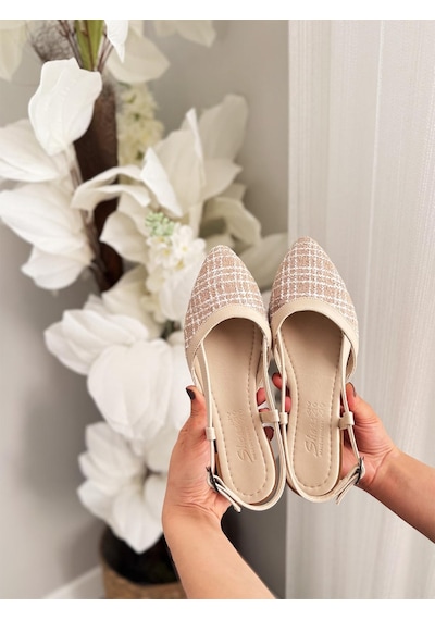 Asmi Shoes Kadın Tena Bej Keten Arkası Açık Sivri Burun Günlük Babet Krem 2 Bej Krem