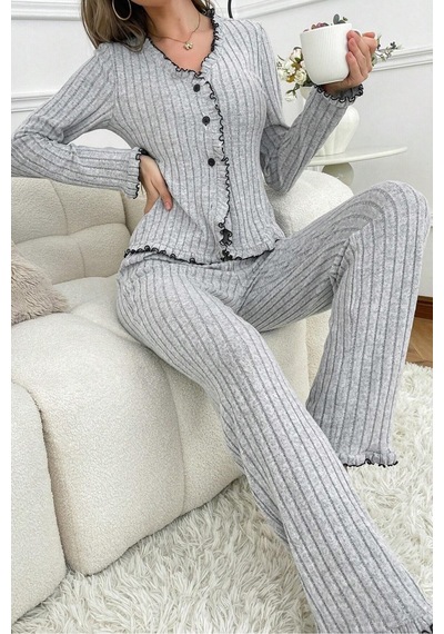 Bella Notte Gri V Yaka Pamuklu Düğmeli Pijama Takımı