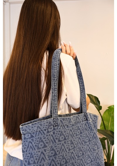 İcone Bag Desenli Yıkamalı Denim Kadın Çantası, Geniş Hacimli, Desenli El Ve Omuz Bez Çanta Shopper Mavi