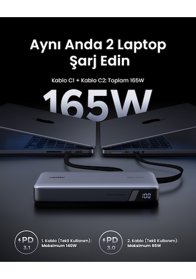 Ugreen Nexode 25.000 Mah 165w Akıllı Ekranlı, Dahili Usb-c Kablolu, Hızlı Şarj Powerbank, 55995b Gri - Siyah