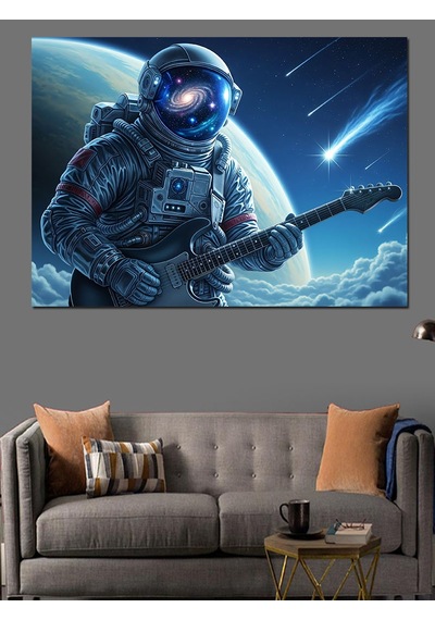 Ahşap Tablo Gitar Çalan Uzayda Bir Astronot Hayvan Tabloları