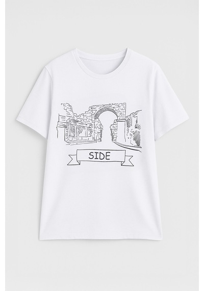 Kadın Bisiklet Yaka %100 Pamuk Side Baskılı Kısa Kollu T-shirt Çok Renkli