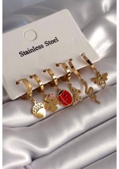 Kelebek,uğur Böceği Ve Diğer Model 6'lı Çelik Küpe Gold - 643014408 Gold