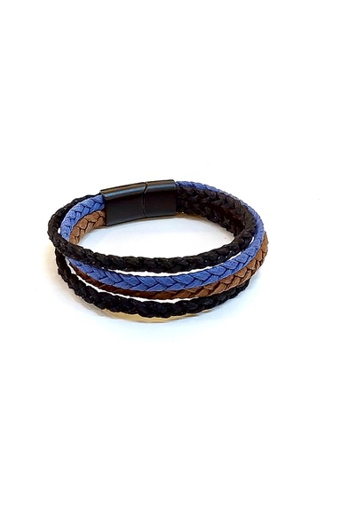 Blue Weave Lacivert Detaylı Çok Katmanlı Siyah Deri Erkek Bileklik-1438 Antrasit