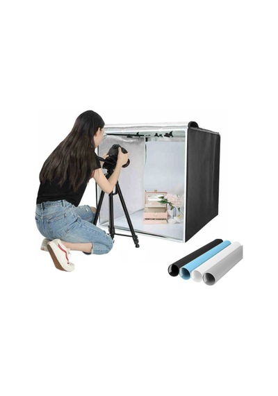 Pro 80x80 Cm Profesyonel Stüdyo Led Işıklı Ürün Fotoğraf Çekim Çadırı 3 Fonlu Büyük Boy Stüdyo Seti Çok Renkli