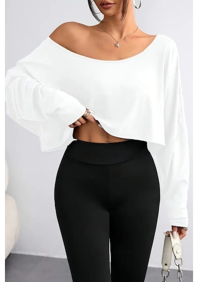 Kadın Düşük Omuz Kayık Yaka Oversize Uzun Kollu Crop T-shirt Beyaz