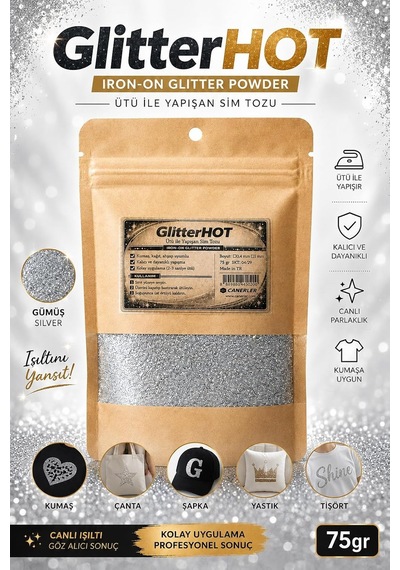 Ütü İle Yapışan Toz Sim, 75 Gr, Elbise Tişört Kumaş Simi Gümüş, İnce Taneli 0,4mm