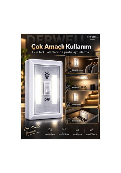 Kablosuz Cob Led Duvar Lambası - Pilli Pratik Led Gece Lambası Anahtarlı Işıldak - Ev Ofis Dolap İçi Gardırop Karavan Merdiven Aydınlatması Mıknatıslı Taşınabilir Lamba