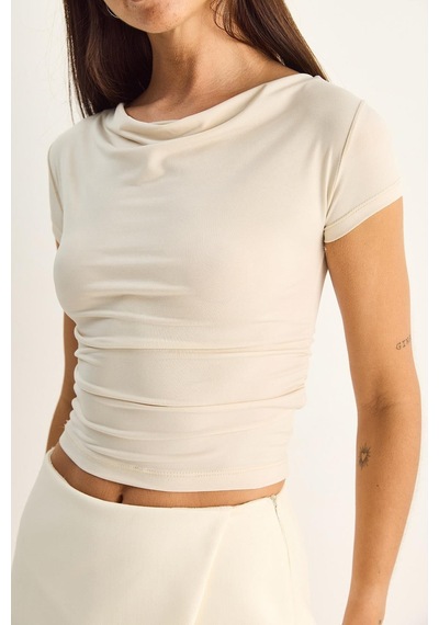 Shade Kadın Degaje Yaka Drapeli Crop Bluz 2343 60286200 - Bej