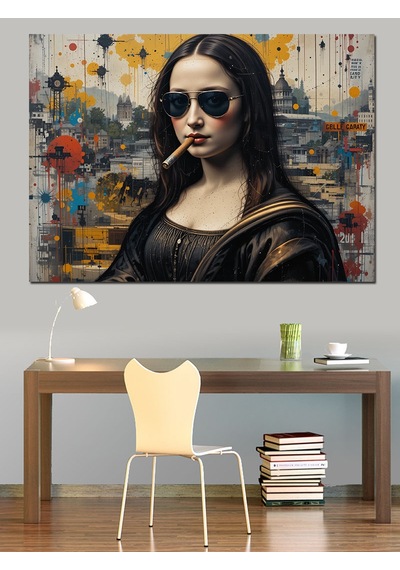Siyah Gözlüklü Mona Lisa Dekoratif Kanvas - Mdf Ahşap Tablo