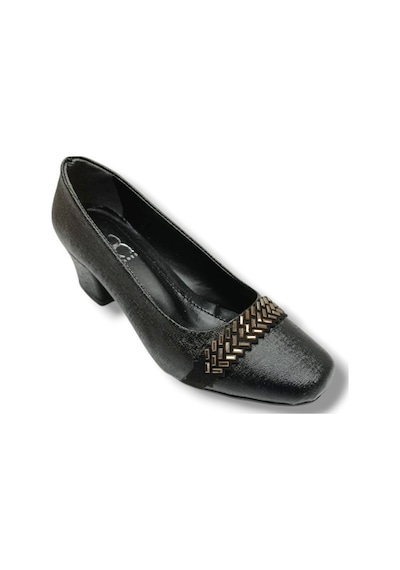 C-shoes 7305-26 Ekose Baskı Bant Taşlı Kısa Kalın Topuk Kadın Ayakkabı Siyah