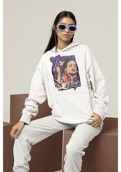 Şarkıcı Rihanna Baskılı Unisex Oversize Hoodie Beyaz