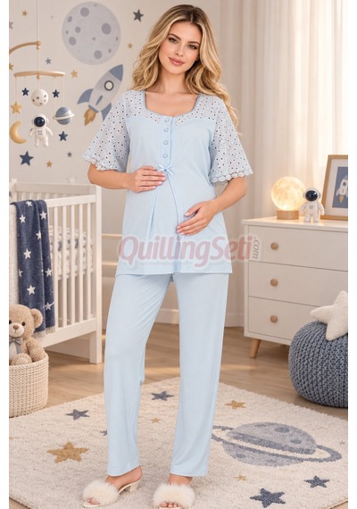 Lady Bebe Mavi Renkli Dantel Detaylı 33207 Kısa Kol 2 Parça Lohusa Hamile Pijama Takımı Açık Mavi