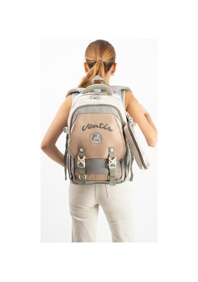 Ventis Unisex Okul Çantası Lise Ortaokul 2'li Set Kalemlikli Sırt Çantası 43 30 Cm Çok Cepli Vnt1-d Bej