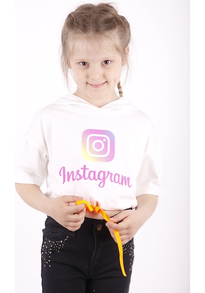 Toontoy Kids Toontoy Kız Çocuk Instagram Baskılı Kapüşonlu Tişört Ekru