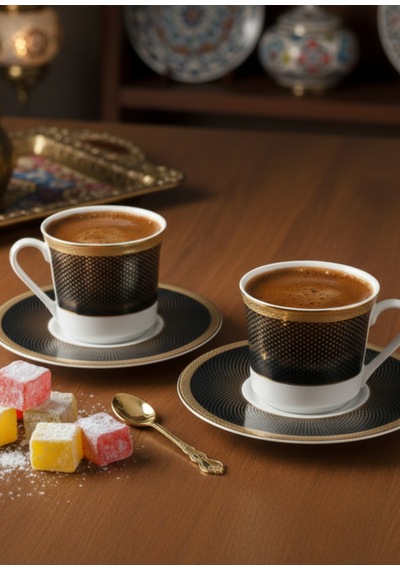 6 Kişilik Siyah Baklava Desen Altın Yaldızlı Kahve Fincan Takımı 12 Parça Beyaz