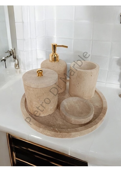 Sarı Traverten Klasik Model 5 Parça Gold Renk Düğme Aksesuarlı Banyo Seti Sarı Traverten