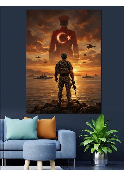 Türk Bayrağı Önünde Nöbetçi Mehmetçik Dekoratif Kanvas - Mdf Ahşap Tablo