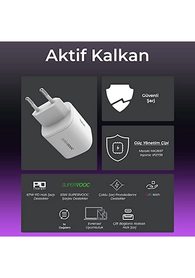 Sv67 65w Gan Usb-a Supervooc 2.0 + 67w Pd Type-c Çift Bağlantı Noktalı Yüksek Hızlı Şarj Cihazı, Oppo Find X2,