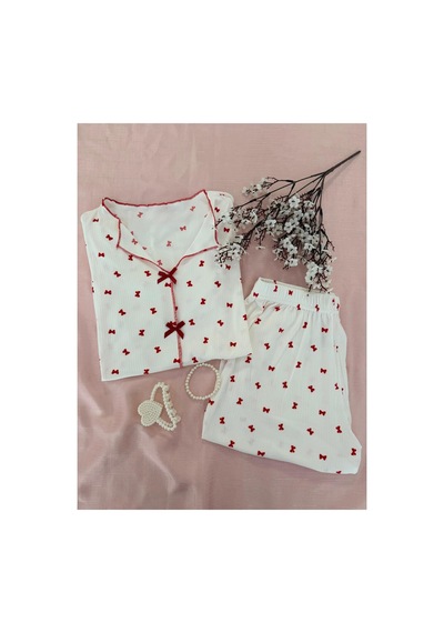 Mh Moony Homewears Markie Kımızı Kurdele Kısa Kol Şortlu Yazlık Pijama Takımı Ekru Ve Kırmızı