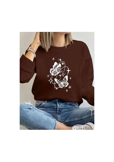 Herkesemoda Kelebek Desen Detaylı Bisiklet Yaka İçi Polarlı Sweatshirt Kahverengi