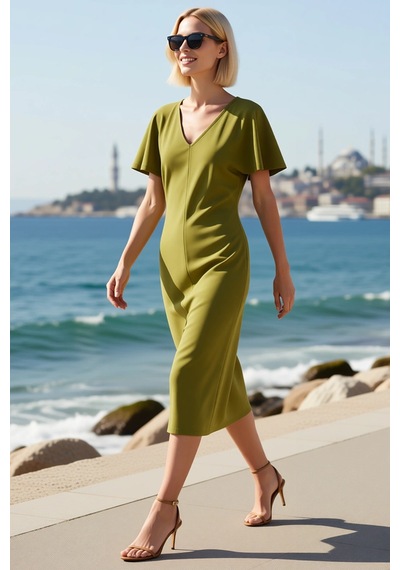 Benerly Kadın Midi Boy V Yaka Melek Kol Kısa Kollu Bodycon Kesim Scuba Kr Yeşil
