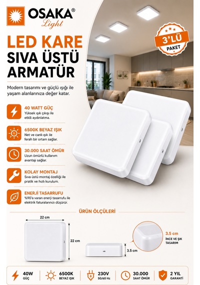 3 Adet Osaka 40w Kare Sıva Üstü Armatür Beyaz Işık 6500k