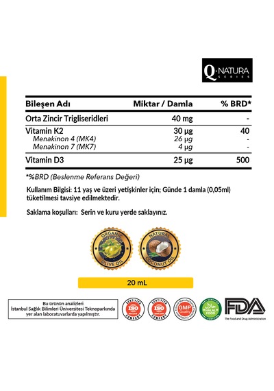 D3k2 Mk-4, Mk-7 20 Ml Damla Organik Zeytinyağı Ve Mct Oil