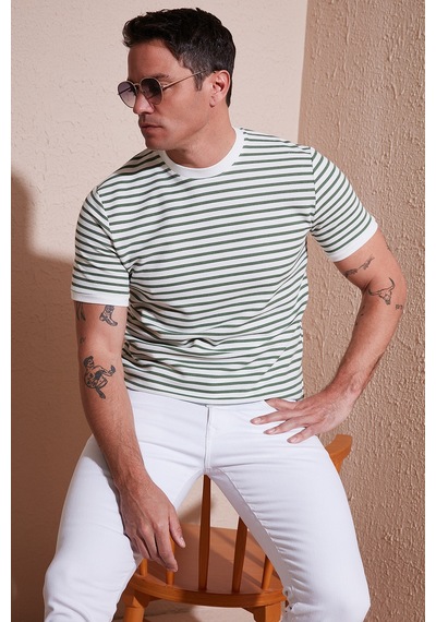 Buratti Pamuklu Çizgili Regular Fit Bisiklet Yaka Erkek T Shirt 5903005 Elma Yeşili