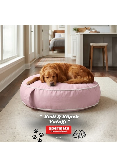 Xpermate Fermuarlı Kedi ve Köpek Minderi Yuvarlak Kedi Minderi Yıkanabilir Kedi Köpek Yatağı Pembe