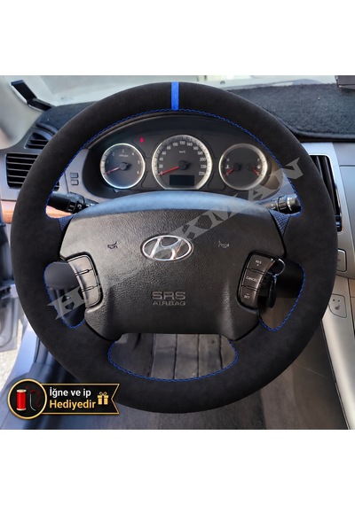 Hyundai Trajet Dikme Direksiyon Kılıfı Full Alcantara Süet Mavi Yüzük Ve Mavi Dikiş 2000-2008 Siyah