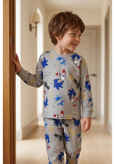 Zuzunga The Hedgehog Super Sonic Desenli %100 Pamuk Gri Renk Erkek Çocuk Pijama Takımı