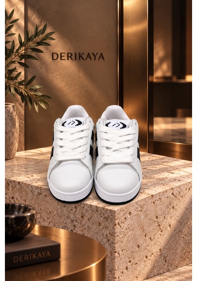 Derikaya Kadın Beyaz Siyah Bağcıklı Düz Taban Günlük Sneaker Spor Ayakkabı Beyaz - Siyah